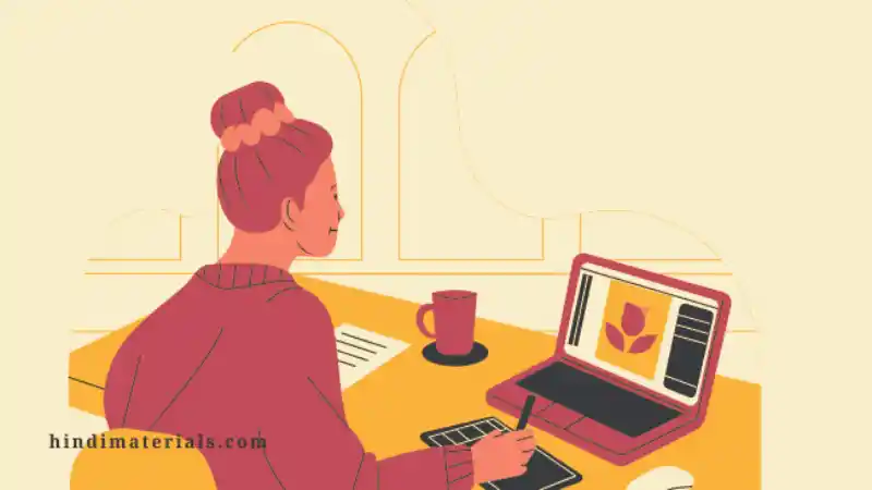 लैपटॉप और डिजिटल टैबलेट पर डिजाइन बनाती महिला, जो ग्राफिक डिजाइनिंग से पैसे कमाने का तरीका दिखा रही है।